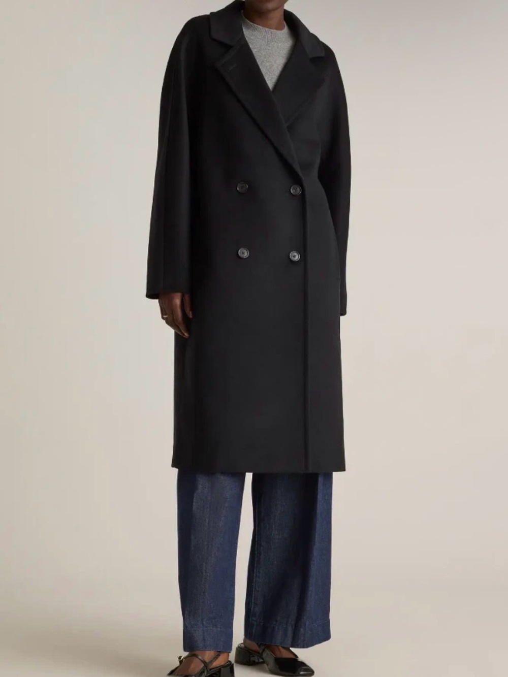 Quince NWT Italian Wool Double-Breasted Slouch Coat Black S Small